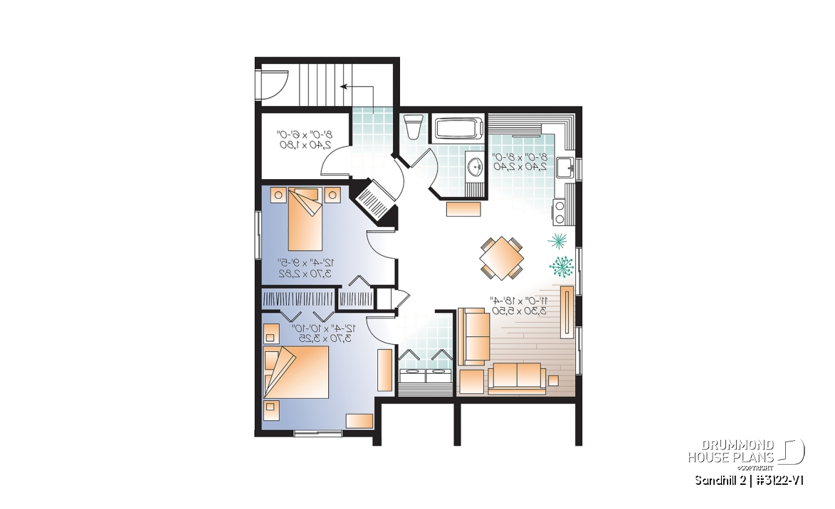 Basement - 2 bedroom Country style house plan with a 2 bedroom basement appartment, separate entrances - Sandhill 2