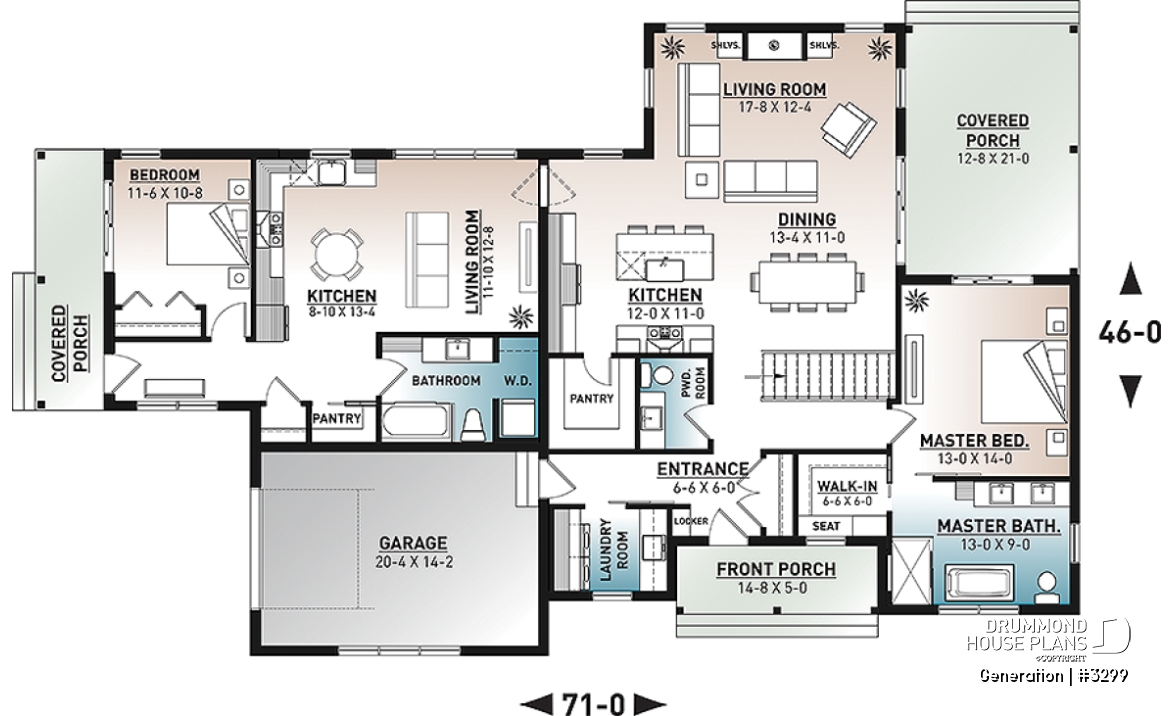 1st level - Multi generational Farmhouse house plan with garage, great open concept on both unit, covered patio &amp; balcony - Generation