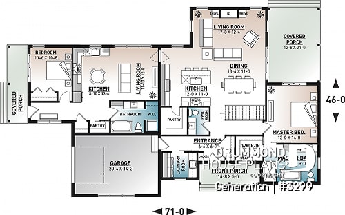 1st level - Multi generational Farmhouse house plan with garage, great open concept on both unit, covered patio & balcony - Generation