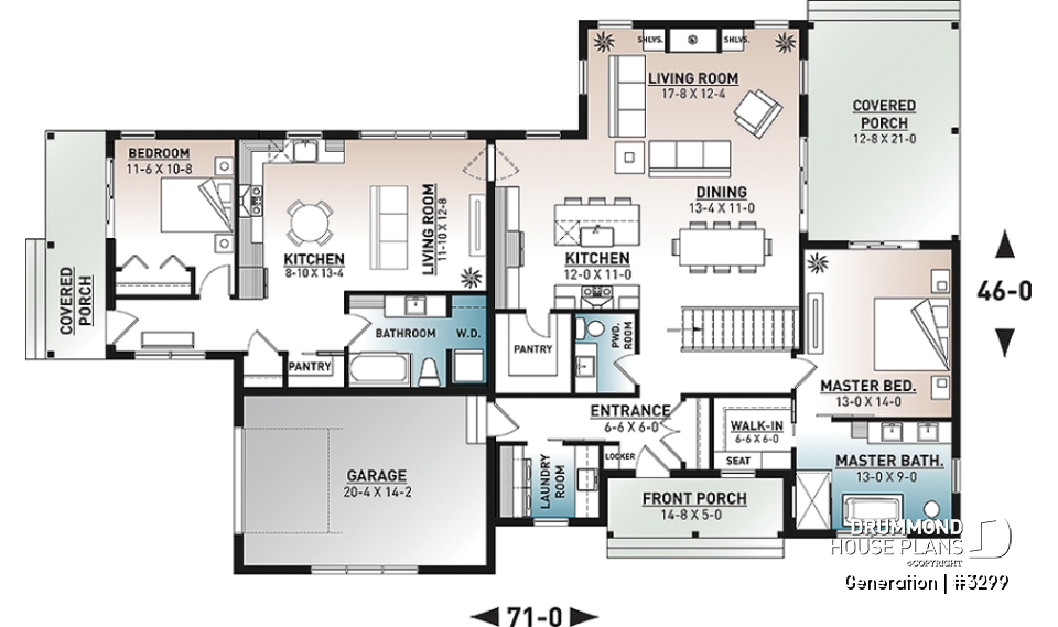 1st level - Multi generational Farmhouse house plan with garage, great open concept on both unit, covered patio &amp; balcony - Generation