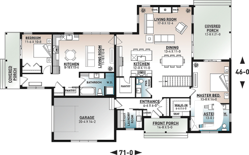 1st level - Multi generational Farmhouse house plan with garage, great open concept on both unit, covered patio & balcony - Generation