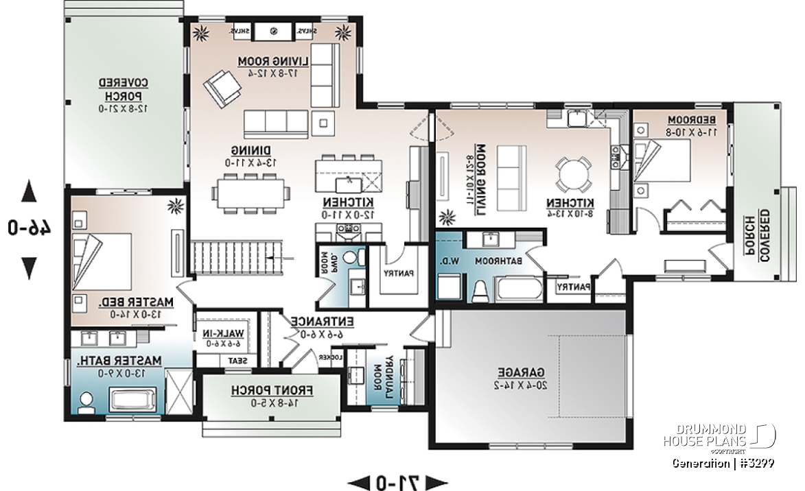 1st level - Multi generational Farmhouse house plan with garage, great open concept on both unit, covered patio &amp; balcony - Generation