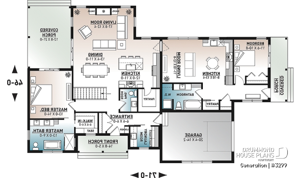 1st level - Multi generational Farmhouse house plan with garage, great open concept on both unit, covered patio &amp; balcony - Generation