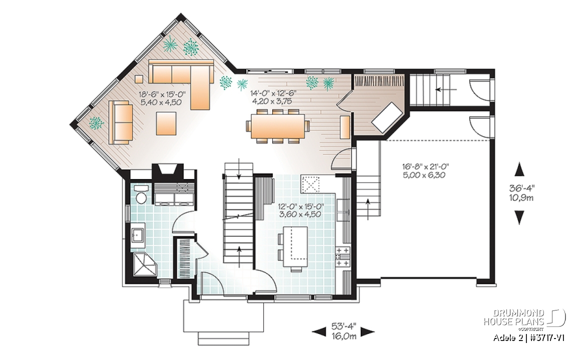 1st level - Contemporary House plan with basement apartment, 3 bedrooms for owner, garage, open floor plan, 9' ceiling   - Adele 2