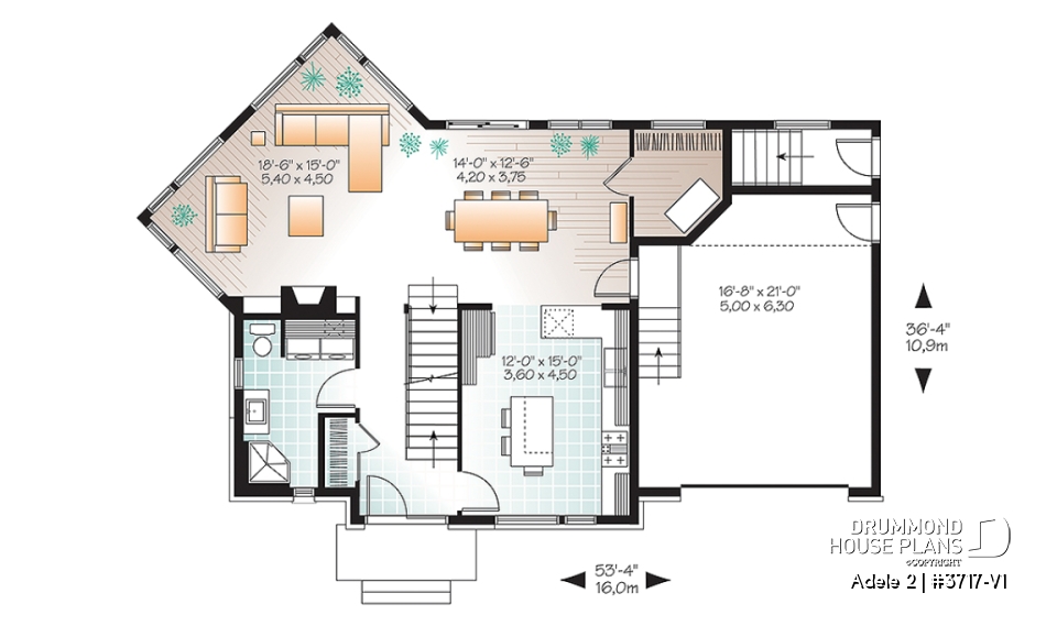 1st level - Contemporary House plan with basement apartment, 3 bedrooms for owner, garage, open floor plan, 9' ceiling   - Adele 2