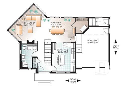 1st level - Contemporary House plan with basement apartment, 3 bedrooms for owner, garage, open floor plan, 9' ceiling   - Adele 2