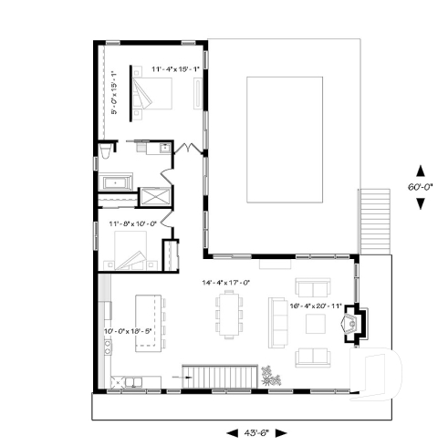 1st level - Modern mid-century house plan, inlaw suite, 2 to 4 bedrooms, open concept, 10' ceiling on main - Laeticia