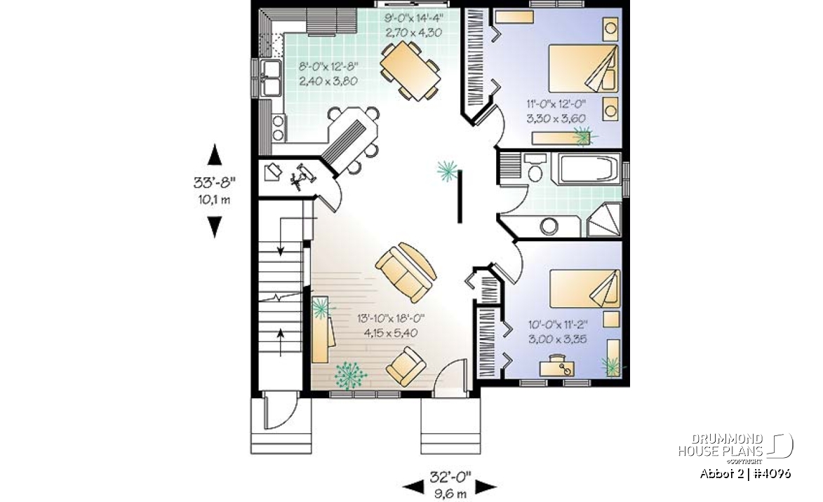 1st level - Duplex house plan with 2 bedroom per unit, kitchen with lunch counter, open floor plan - Abbot 2