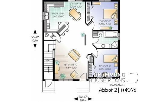 1st level - Duplex house plan with 2 bedroom per unit, kitchen with lunch counter, open floor plan - Abbot 2