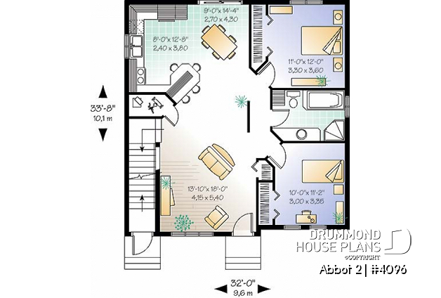 1st level - Duplex house plan with 2 bedroom per unit, kitchen with lunch counter, open floor plan - Abbot 2