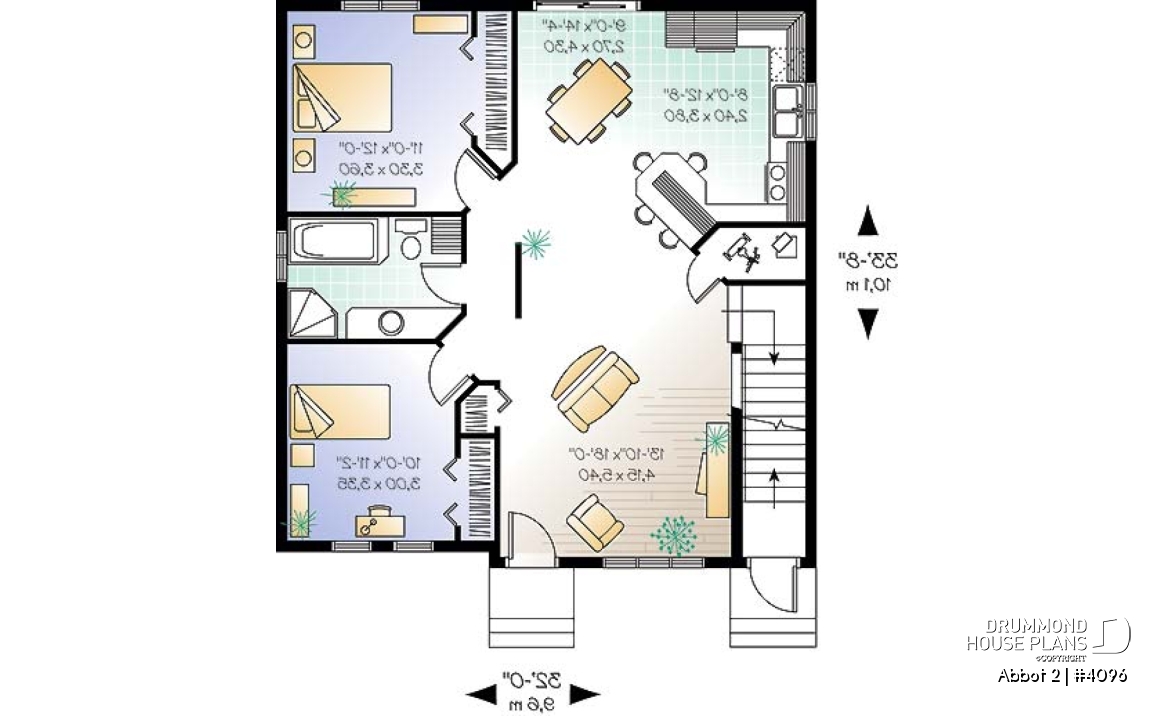1st level - Duplex house plan with 2 bedroom per unit, kitchen with lunch counter, open floor plan - Abbot 2