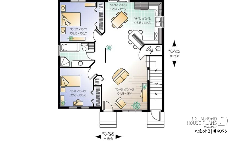 1st level - Duplex house plan with 2 bedroom per unit, kitchen with lunch counter, open floor plan - Abbot 2