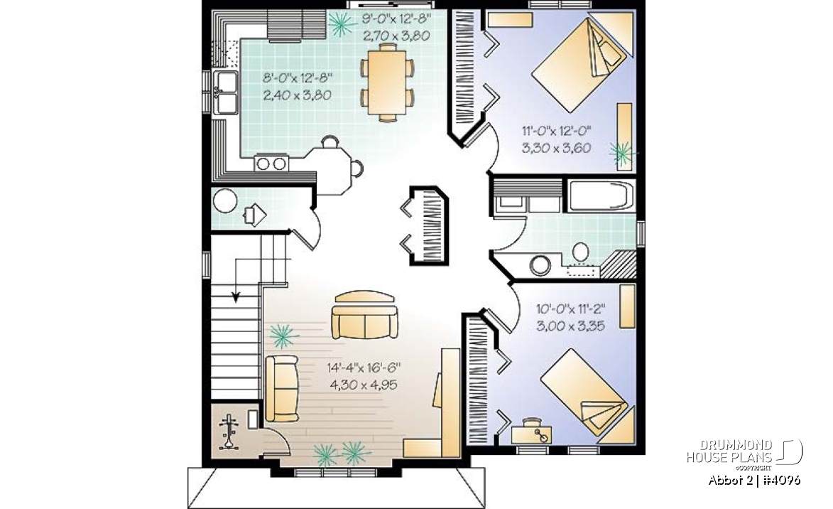 2nd level - Duplex house plan with 2 bedroom per unit, kitchen with lunch counter, open floor plan - Abbot 2