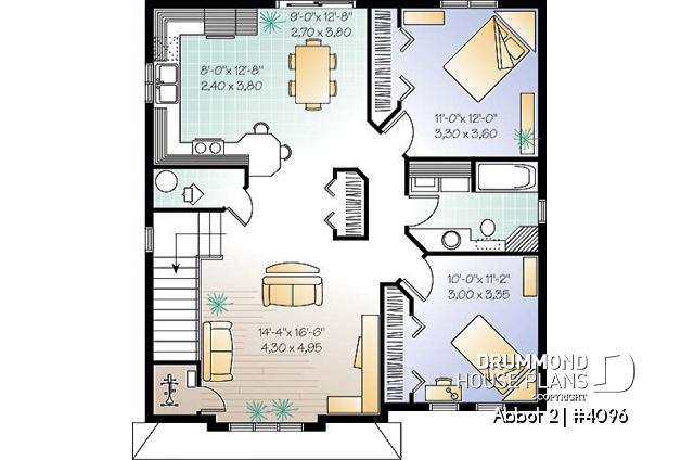 2nd level - Duplex house plan with 2 bedroom per unit, kitchen with lunch counter, open floor plan - Abbot 2