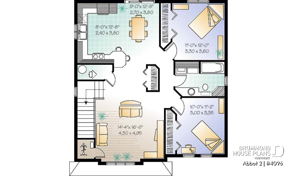 2nd level - Duplex house plan with 2 bedroom per unit, kitchen with lunch counter, open floor plan - Abbot 2
