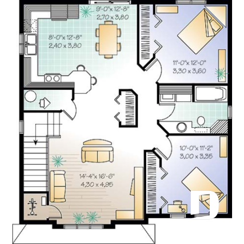 2nd level - Duplex house plan with 2 bedroom per unit, kitchen with lunch counter, open floor plan - Abbot 2