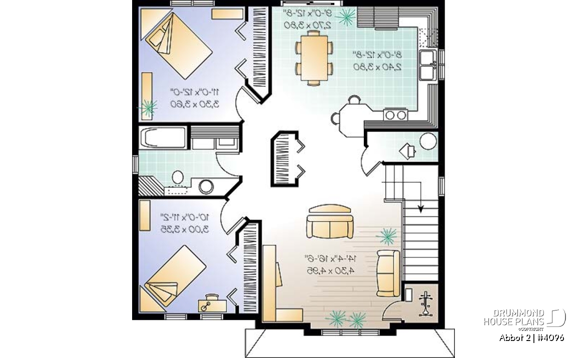 2nd level - Duplex house plan with 2 bedroom per unit, kitchen with lunch counter, open floor plan - Abbot 2