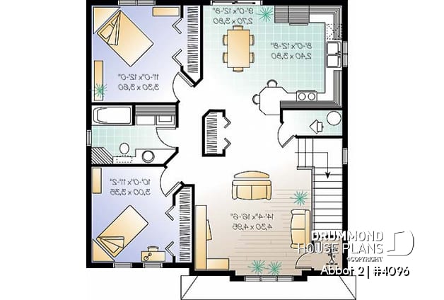 2nd level - Duplex house plan with 2 bedroom per unit, kitchen with lunch counter, open floor plan - Abbot 2