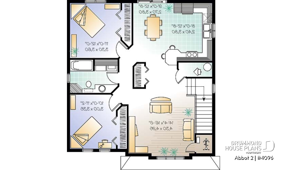 2nd level - Duplex house plan with 2 bedroom per unit, kitchen with lunch counter, open floor plan - Abbot 2