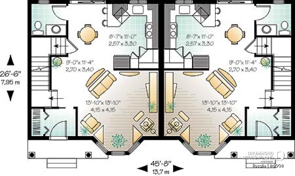 1st level - Victorian inspired duplex plan with 2 to 3 bedroom per unit and large kitchen with pantry - Rosalie