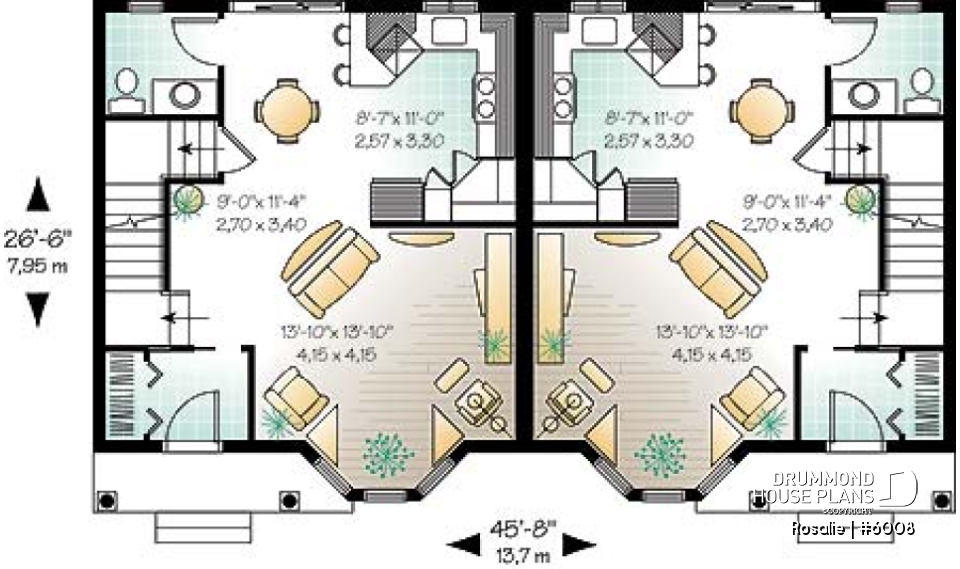 1st level - Victorian inspired duplex plan with 2 to 3 bedroom per unit and large kitchen with pantry - Rosalie