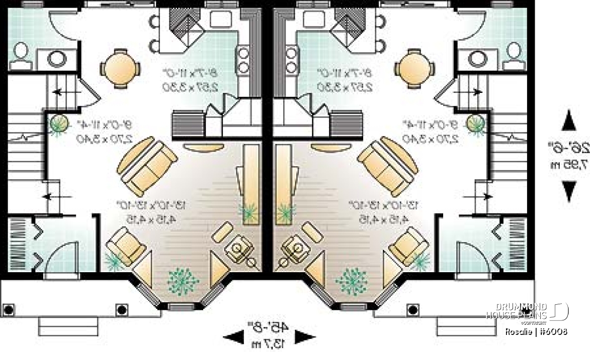 1st level - Victorian inspired duplex plan with 2 to 3 bedroom per unit and large kitchen with pantry - Rosalie