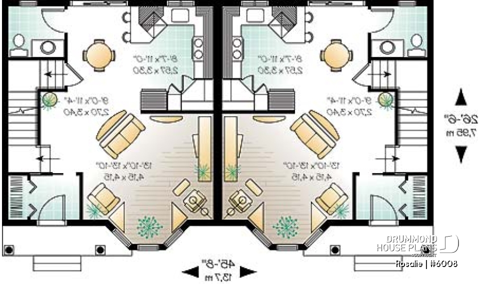 1st level - Victorian inspired duplex plan with 2 to 3 bedroom per unit and large kitchen with pantry - Rosalie