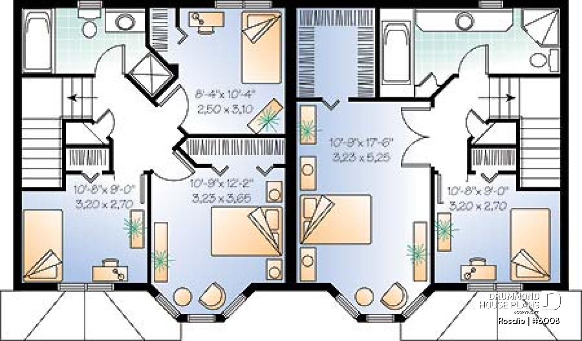 2nd level - Victorian inspired duplex plan with 2 to 3 bedroom per unit and large kitchen with pantry - Rosalie
