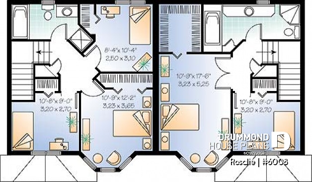 2nd level - Victorian inspired duplex plan with 2 to 3 bedroom per unit and large kitchen with pantry - Rosalie