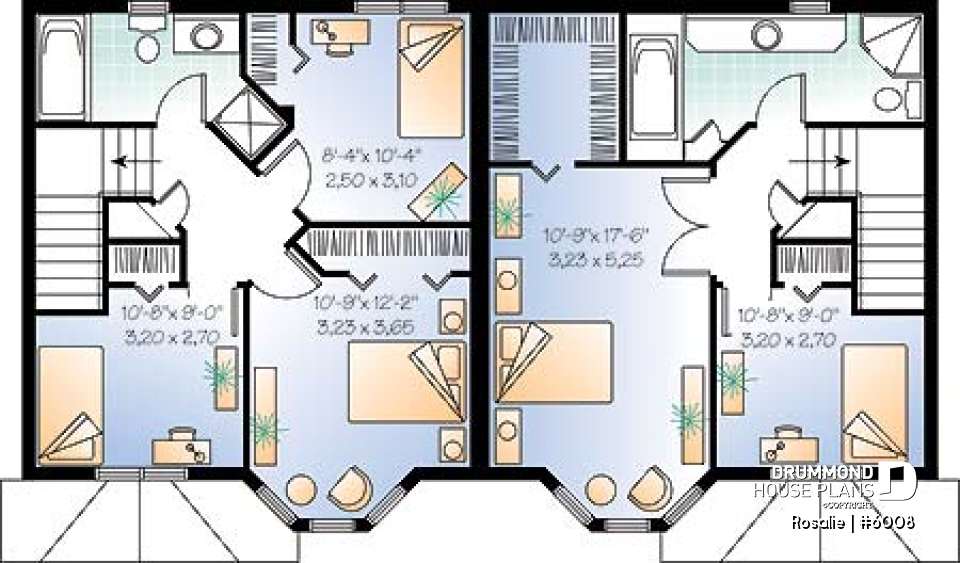 2nd level - Victorian inspired duplex plan with 2 to 3 bedroom per unit and large kitchen with pantry - Rosalie