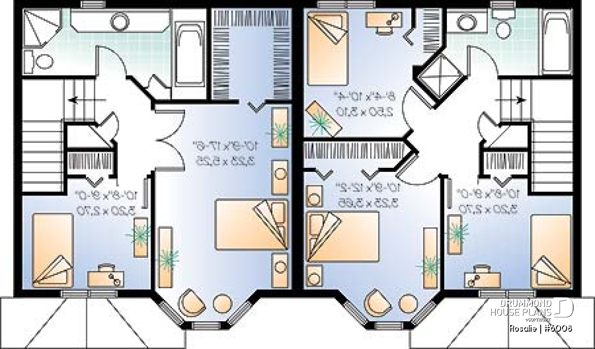 2nd level - Victorian inspired duplex plan with 2 to 3 bedroom per unit and large kitchen with pantry - Rosalie