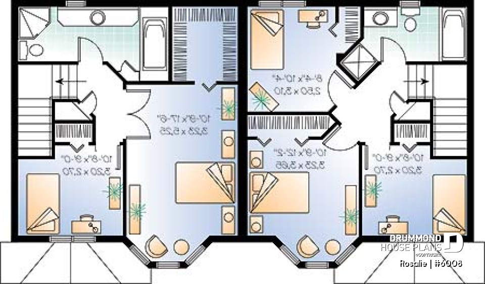 2nd level - Victorian inspired duplex plan with 2 to 3 bedroom per unit and large kitchen with pantry - Rosalie