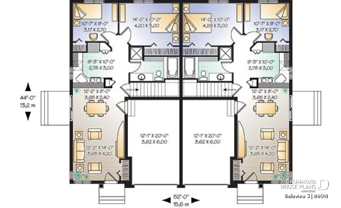 1st level - Duplex house plan with 2 bedroom, one-car garage, affordable construction costs. - Belleview 3