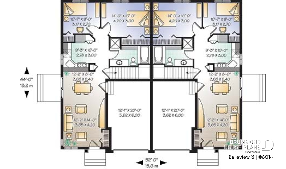 1st level - Duplex house plan with 2 bedroom, one-car garage, affordable construction costs. - Belleview 3