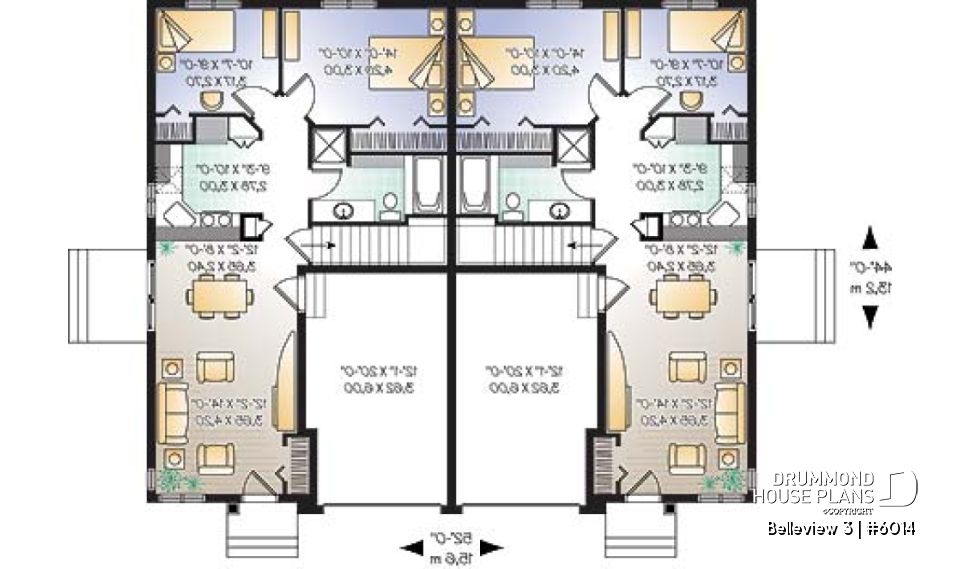 1st level - Duplex house plan with 2 bedroom, one-car garage, affordable construction costs. - Belleview 3