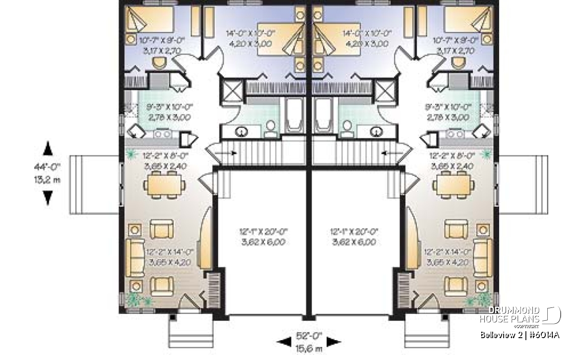 1st level - Duplex house plan with 2 bedroom, one-car garage, affordable construction costs. - Belleview 2