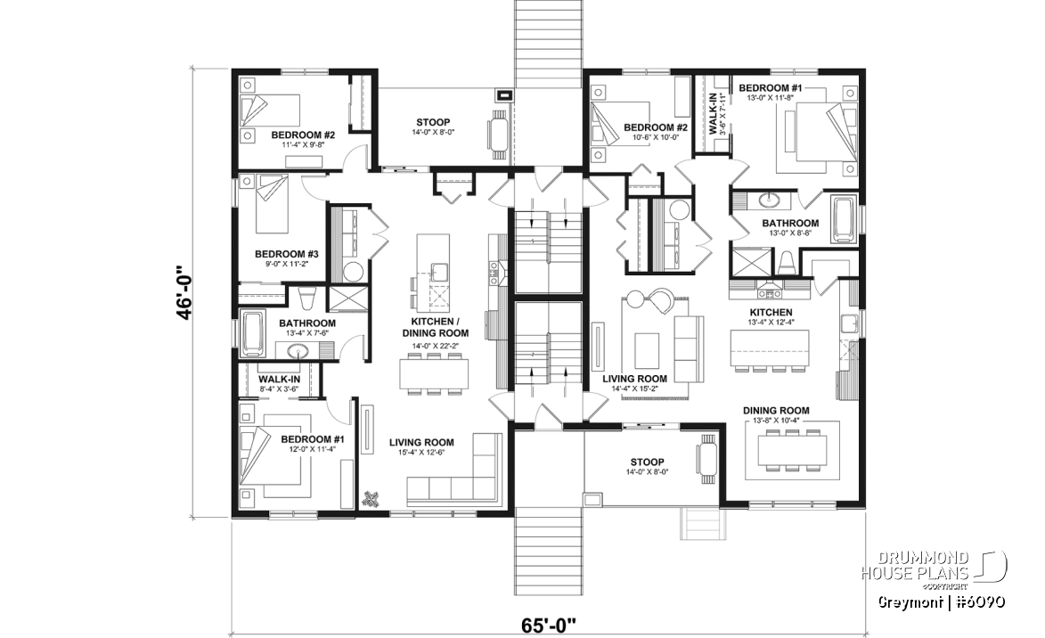 1st level - 8-Plex house plan with 2 or 3 bedrooms per unit, covered balcony, pantry in kitchen, walk-in in master bedroom - Greymont