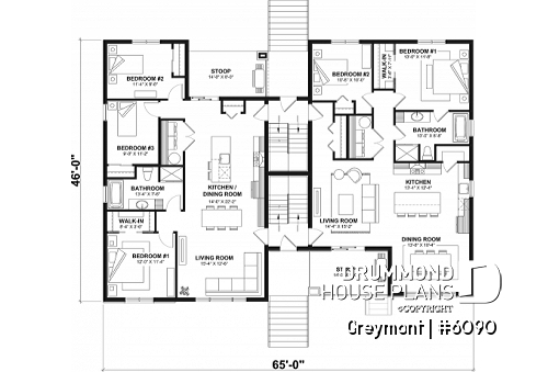 1st level - 8-Plex house plan with 2 or 3 bedrooms per unit, covered balcony, pantry in kitchen, walk-in in master bedroom - Greymont