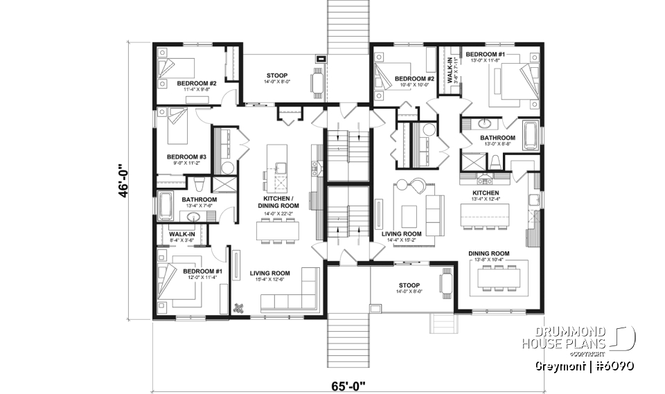 1st level - 8-Plex house plan with 2 or 3 bedrooms per unit, covered balcony, pantry in kitchen, walk-in in master bedroom - Greymont