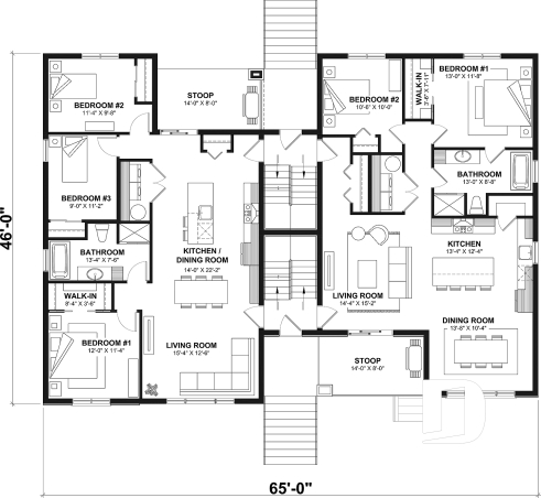 1st level - 8-Plex house plan with 2 or 3 bedrooms per unit, covered balcony, pantry in kitchen, walk-in in master bedroom - Greymont