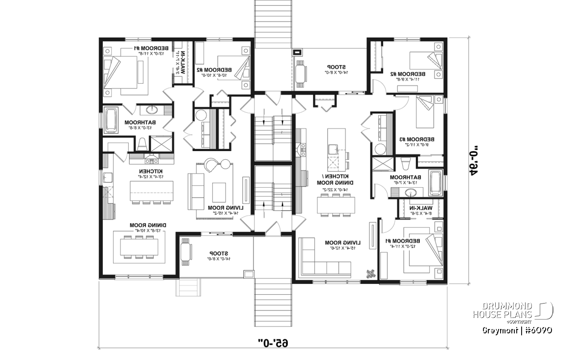 1st level - 8-Plex house plan with 2 or 3 bedrooms per unit, covered balcony, pantry in kitchen, walk-in in master bedroom - Greymont