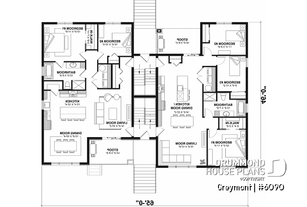1st level - 8-Plex house plan with 2 or 3 bedrooms per unit, covered balcony, pantry in kitchen, walk-in in master bedroom - Greymont