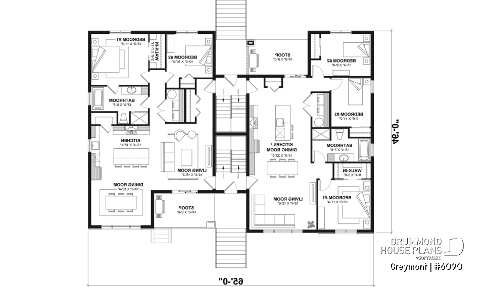 1st level - 8-Plex house plan with 2 or 3 bedrooms per unit, covered balcony, pantry in kitchen, walk-in in master bedroom - Greymont