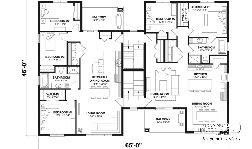 2nd level - 8-Plex house plan with 2 or 3 bedrooms per unit, covered balcony, pantry in kitchen, walk-in in master bedroom - Greymont