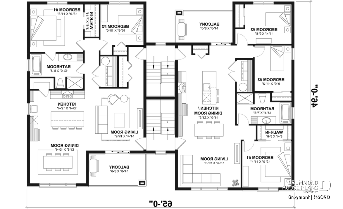 2nd level - 8-Plex house plan with 2 or 3 bedrooms per unit, covered balcony, pantry in kitchen, walk-in in master bedroom - Greymont