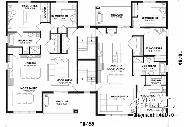 2nd level - 8-Plex house plan with 2 or 3 bedrooms per unit, covered balcony, pantry in kitchen, walk-in in master bedroom - Greymont