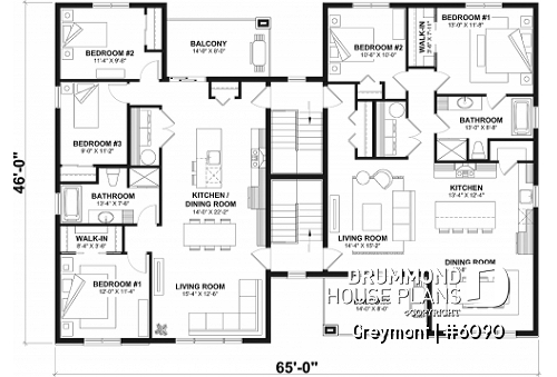 3rd level - 8-Plex house plan with 2 or 3 bedrooms per unit, covered balcony, pantry in kitchen, walk-in in master bedroom - Greymont