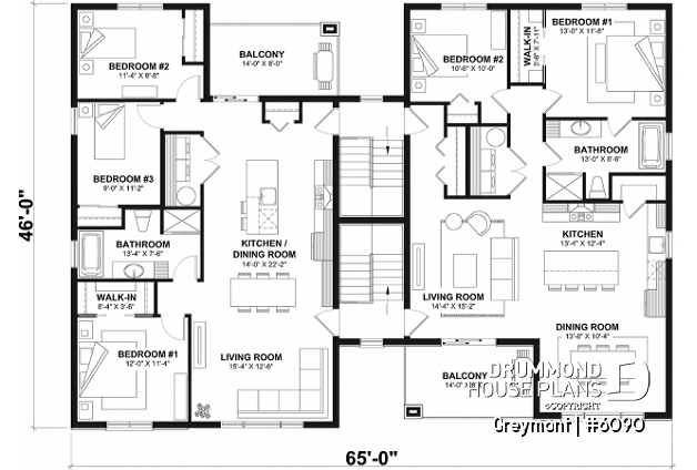 3rd level - 8-Plex house plan with 2 or 3 bedrooms per unit, covered balcony, pantry in kitchen, walk-in in master bedroom - Greymont