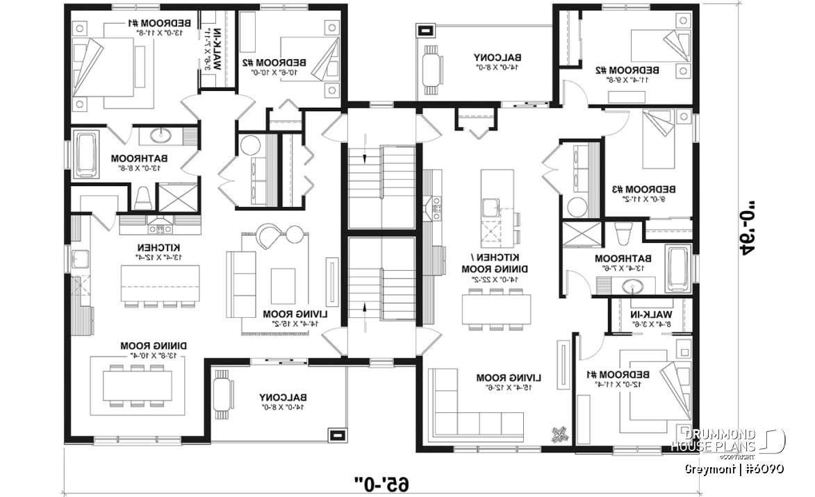 3rd level - 8-Plex house plan with 2 or 3 bedrooms per unit, covered balcony, pantry in kitchen, walk-in in master bedroom - Greymont