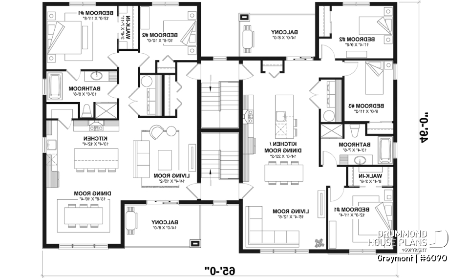 3rd level - 8-Plex house plan with 2 or 3 bedrooms per unit, covered balcony, pantry in kitchen, walk-in in master bedroom - Greymont